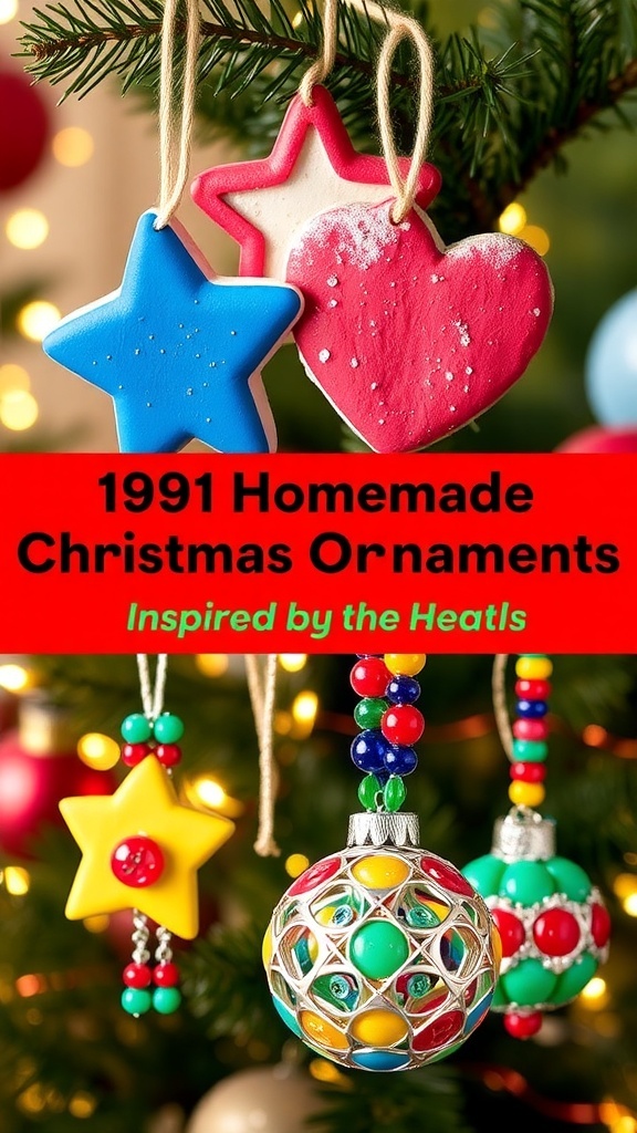 Colorful 90s style homemade Christmas ornaments including salt dough shapes and beaded designs.